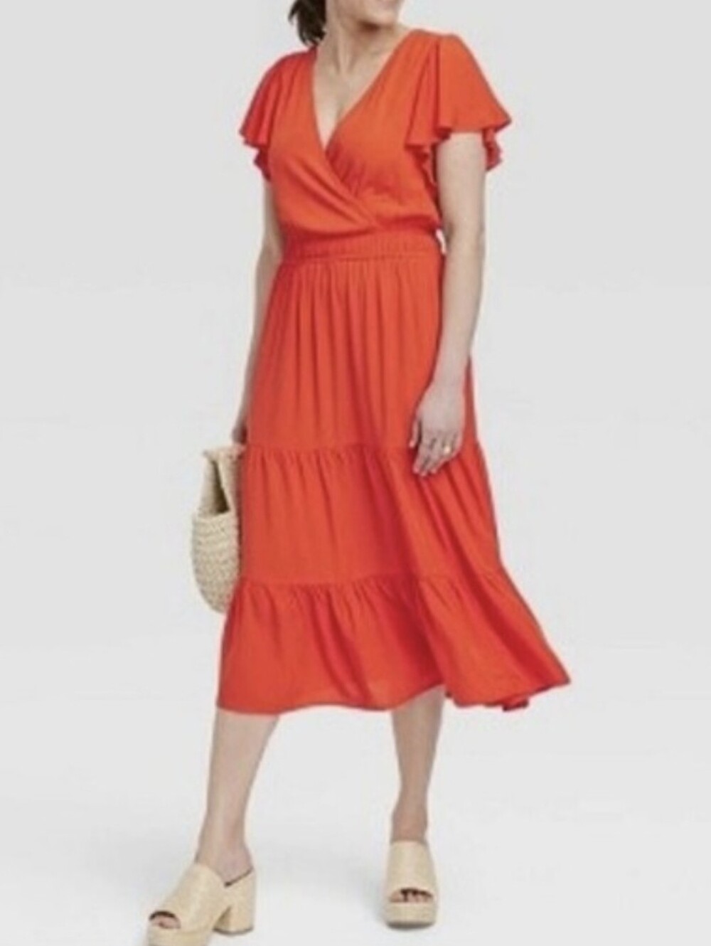 ✨️Knox Rose Orange Flutter Sleeve Faux Wrap Tiered Midi Dress XXL Boho✨️